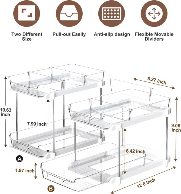 Delamu 2 Sets of 2-Tier Multi-Purpose Bathroom Under Sink Organizers and Storage, Stackable Kitchen Pantry Organization, Pull Out Medicine Cabinet Organizer with 8 Movable Dividers - Image 5
