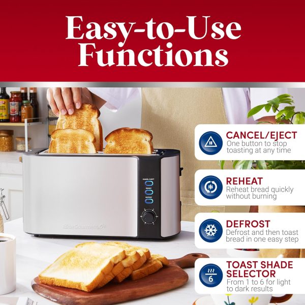 Elite Gourmet ECT-3100 Long Slot 4 Slice Toaster, Reheat, 6 Toast Settings, Defrost, Cancel Functions, Built-in Warming Rack, Extra Wide Slots for Bagels & Waffles, Stainless Steel & Black - Image 2