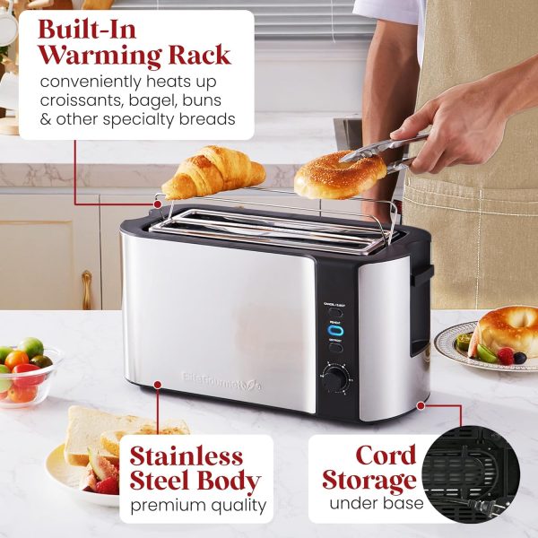 Elite Gourmet ECT-3100 Long Slot 4 Slice Toaster, Reheat, 6 Toast Settings, Defrost, Cancel Functions, Built-in Warming Rack, Extra Wide Slots for Bagels & Waffles, Stainless Steel & Black - Image 7