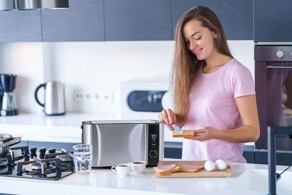 Elite Gourmet ECT-3100 Long Slot 4 Slice Toaster, Reheat, 6 Toast Settings, Defrost, Cancel Functions, Built-in Warming Rack, Extra Wide Slots for Bagels & Waffles, Stainless Steel & Black - Image 8