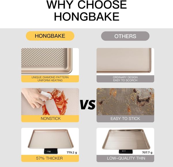 HONGBAKE Baking Sheet Pan Set, Cookie Sheets for Oven, Nonstick Half/Quarter/Jelly Roll Pans with Diamond Texture Pattern, Heavy Duty Cookie Tray - Image 3