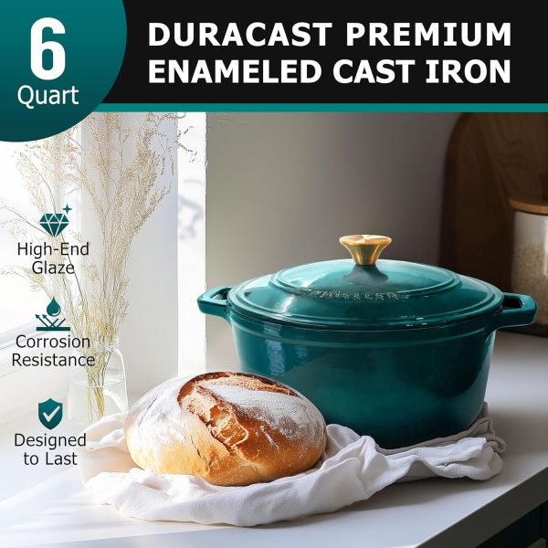 Mueller DuraCast 6 Quart Enameled Cast Iron Dutch Oven Pot with Lid, Heavy-Duty, Oven Safe up to 500° F & Across All Cooktops, Wedding Registry Ideas & Gifts, Emerald - Image 2